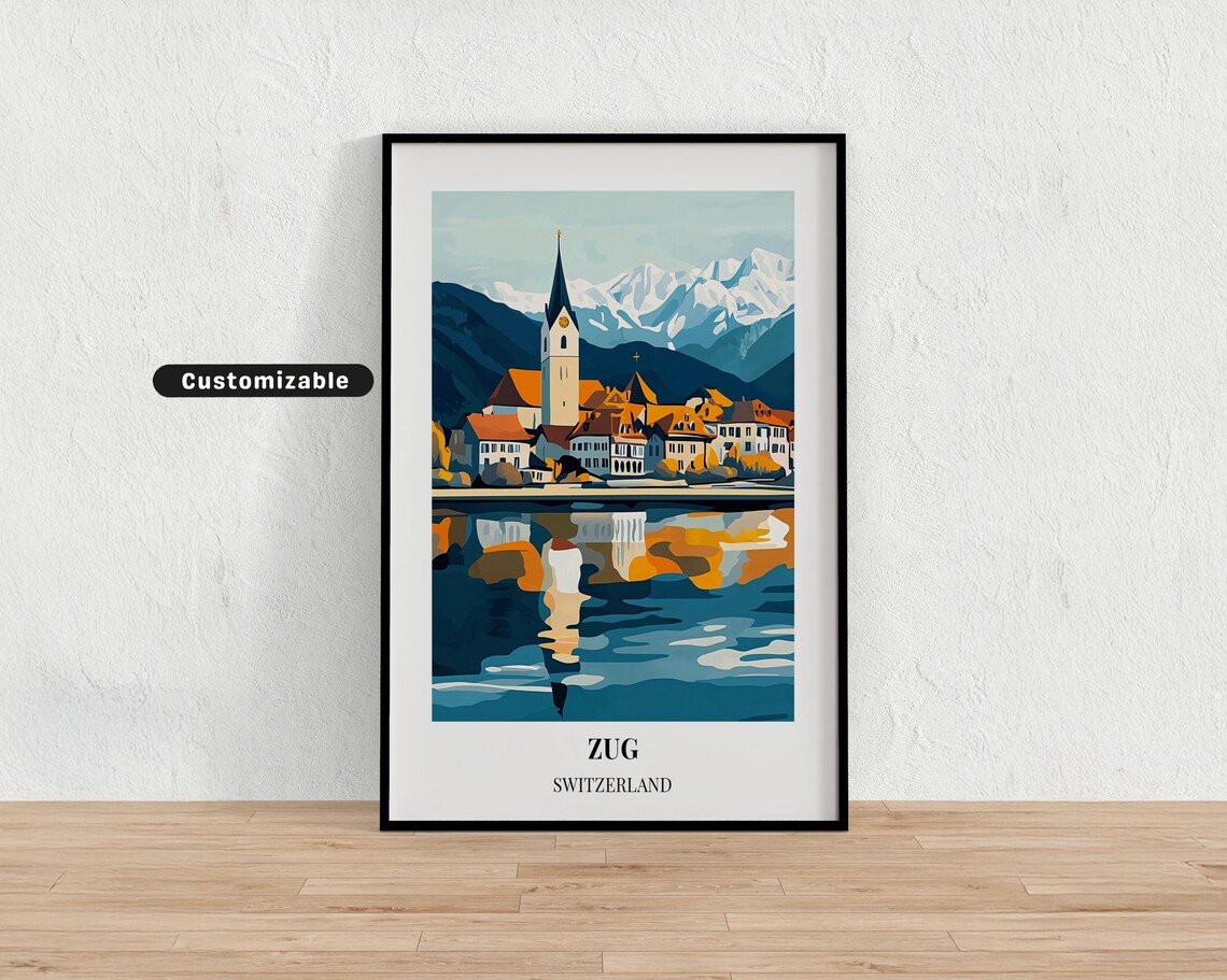 Zug Switzerland Lake and Church Travel Poster with Snowy Peaks