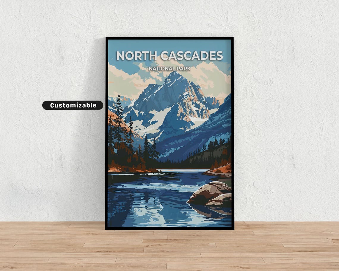 North Cascades National Park Snowy Peak Vintage Mountain Travel Poster