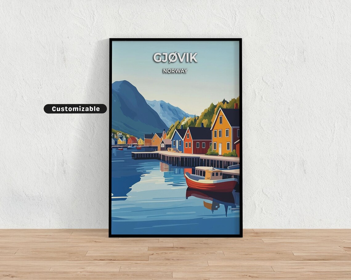 Gjovik Norway Harbor Pier Red Boat Fjord Coast Sunset Travel Poster