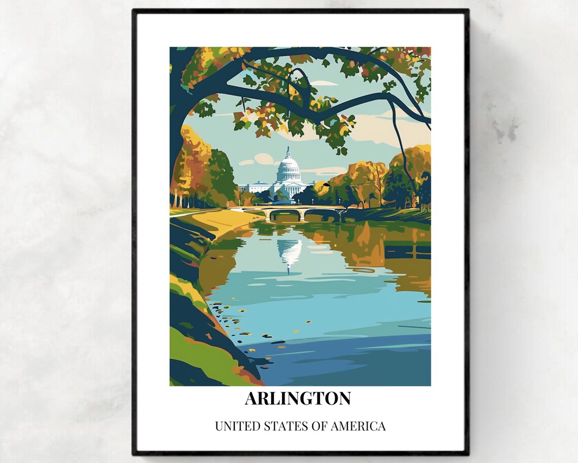 Arlington Virginia Autumn Capitol View Across Water Travel Poster