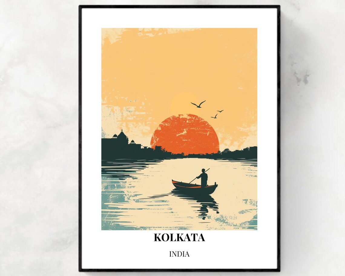Kolkata Sunset River Fisherman Silhouette Red Sun Travel Poster