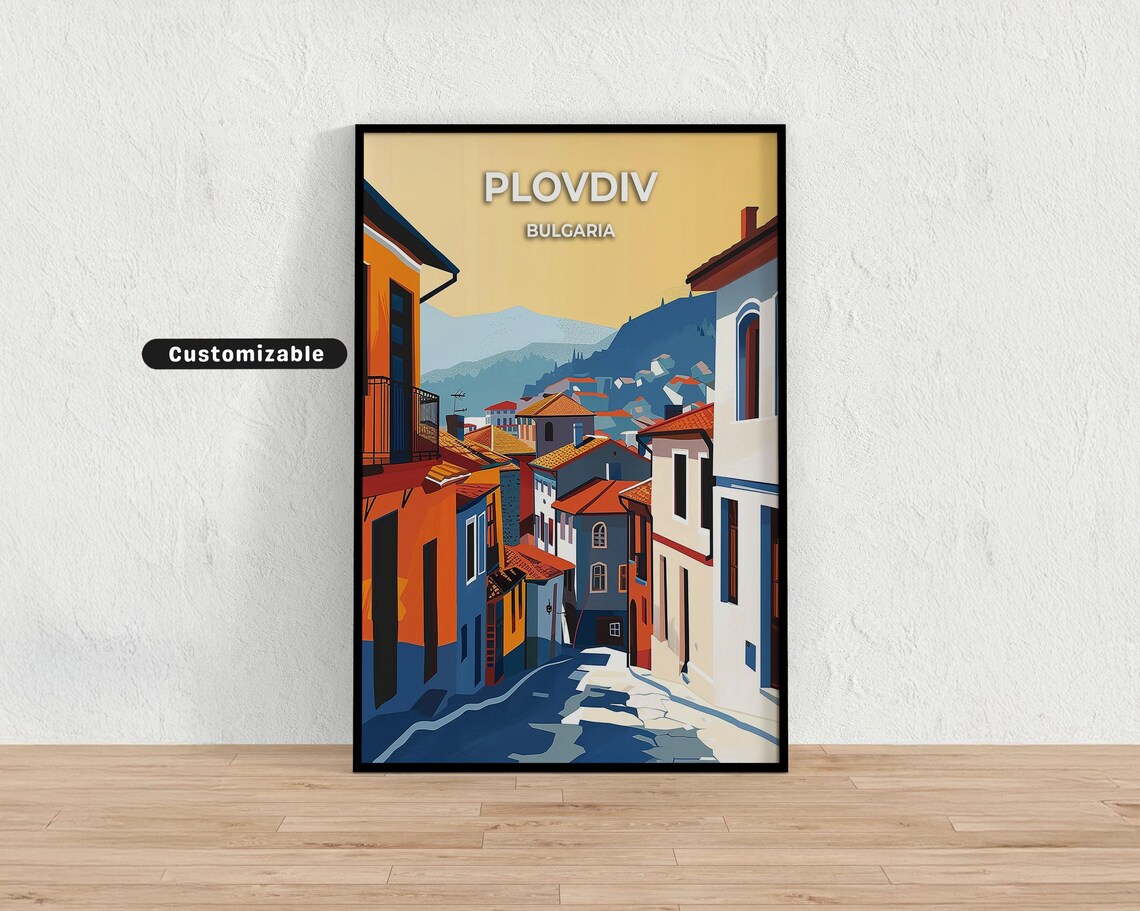 Plovdiv Bulgaria Old Town Cobblestone Street Sunset Glow Travel Poster