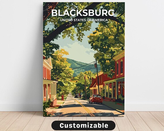 Blacksburg USA Retro Travel Poster Historic Main Street Illustration