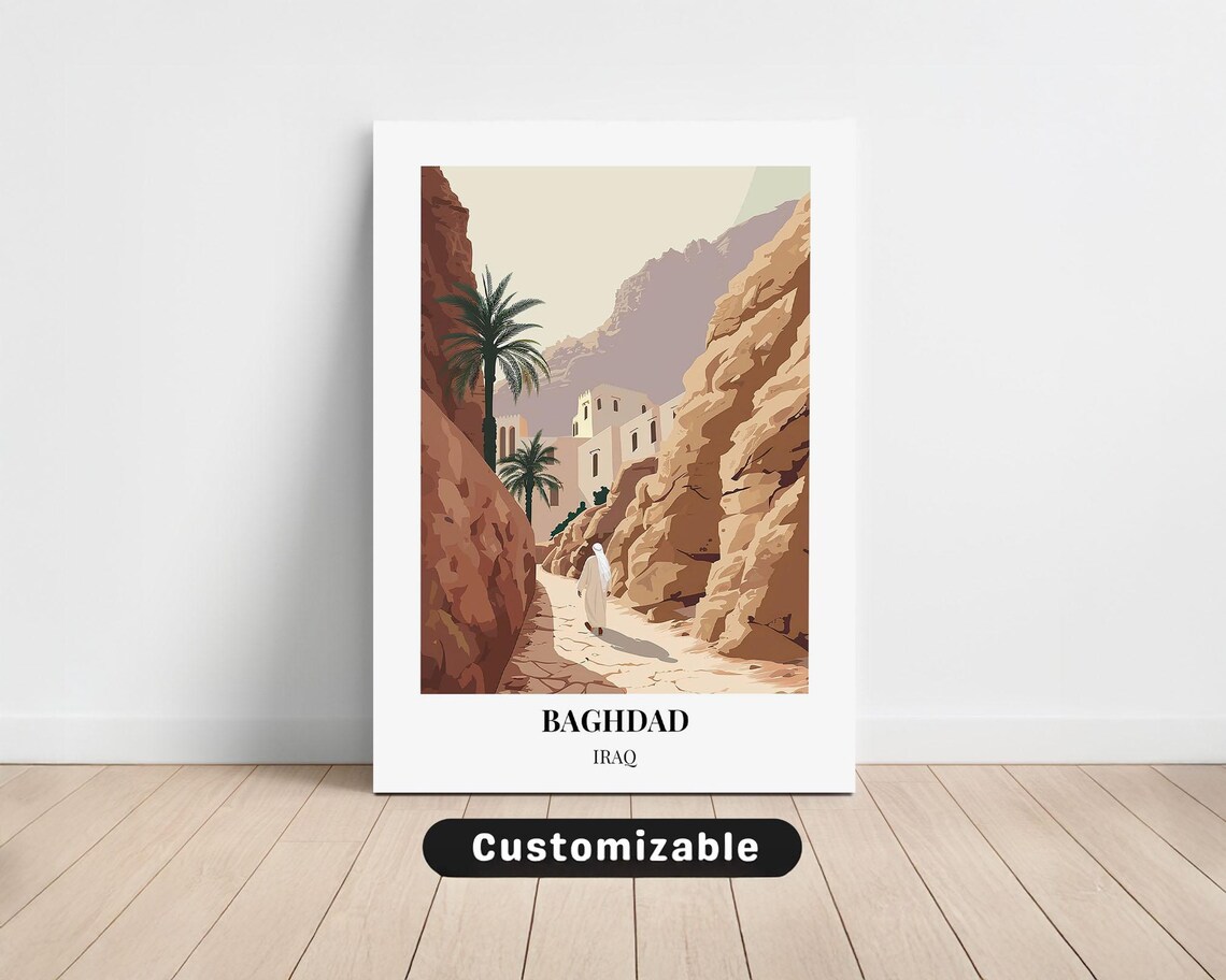 Baghdad Iraq Travel Poster Desert Canyon Palm Trees Vintage Art