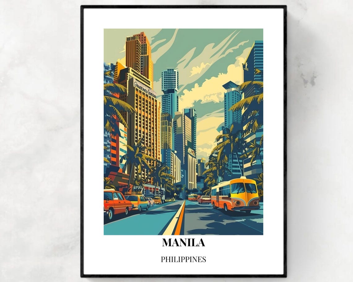 Manila Philippines City Street Skyscrapers Retro Travel Poster