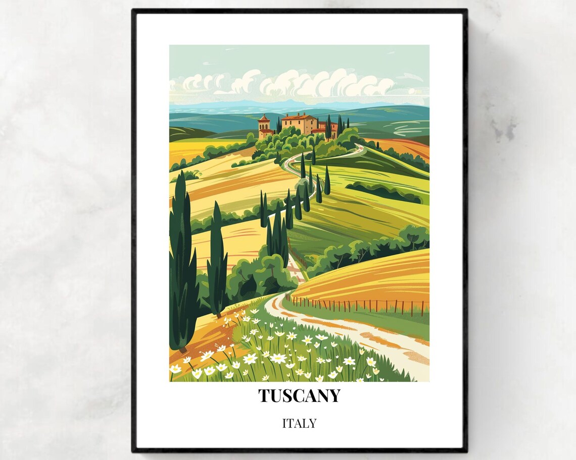 Tuscany Italy Rolling Hills Cypress Trees Farmhouse Travel Poster