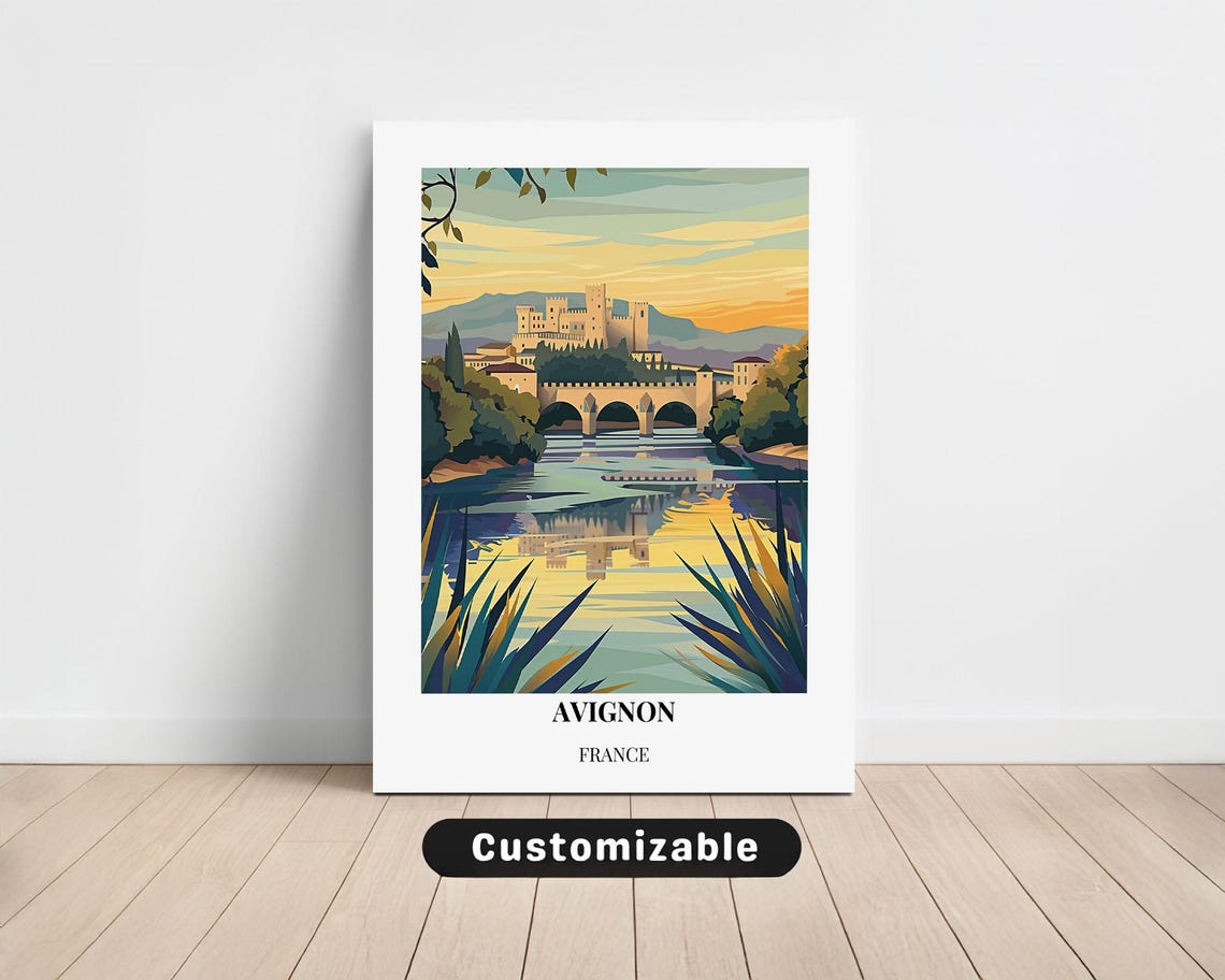 Avignon France Historic Palace Riverside Sunset Bridge Travel Poster