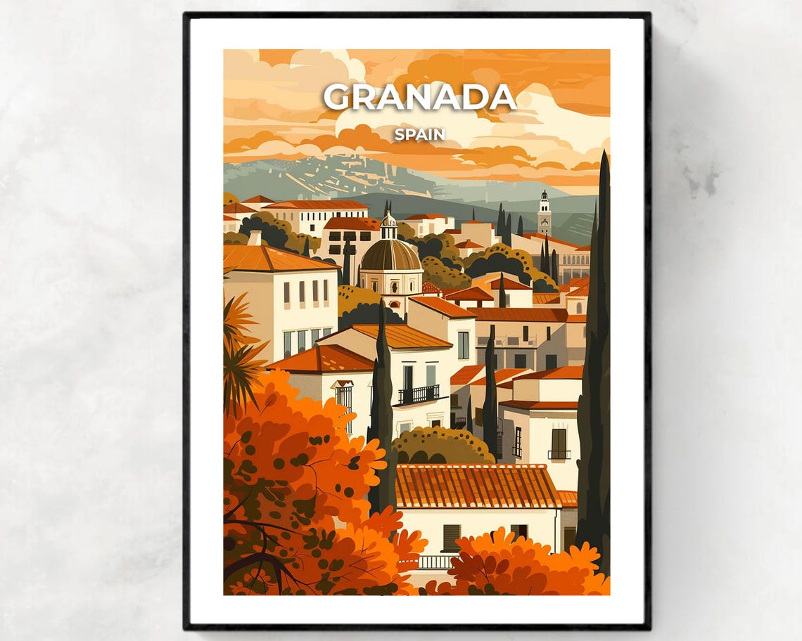 Granada Spain Golden Autumn Rooftops Church Dome Travel Poster