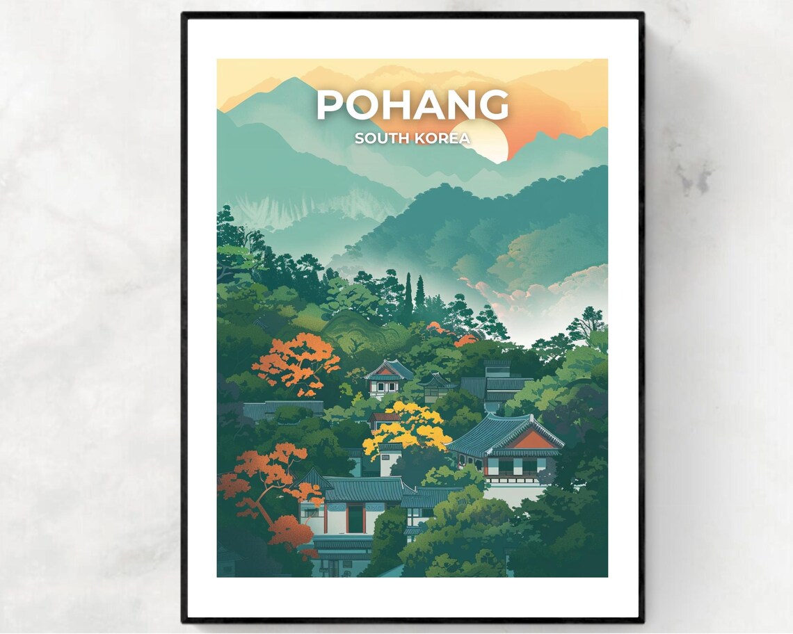 Pohang South Korea Mountain Temple Sunrise Misty Peaks Travel Poster
