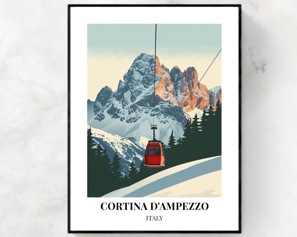 Cortina d'Ampezzo Italy Ski Resort Gondola Poster with Dolomites