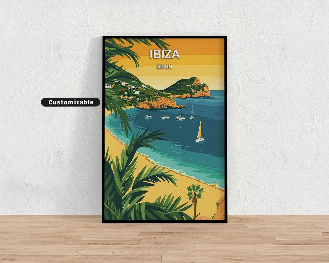 Ibiza Spain Golden Sunset Beach Sailboats Coast Travel Poster