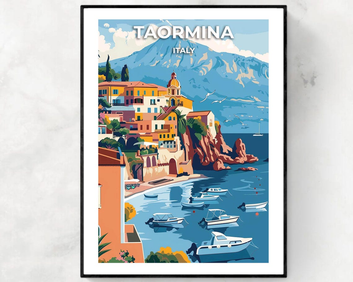 Taormina Clifftop Town with Boats and Mount Etna Italy Poster