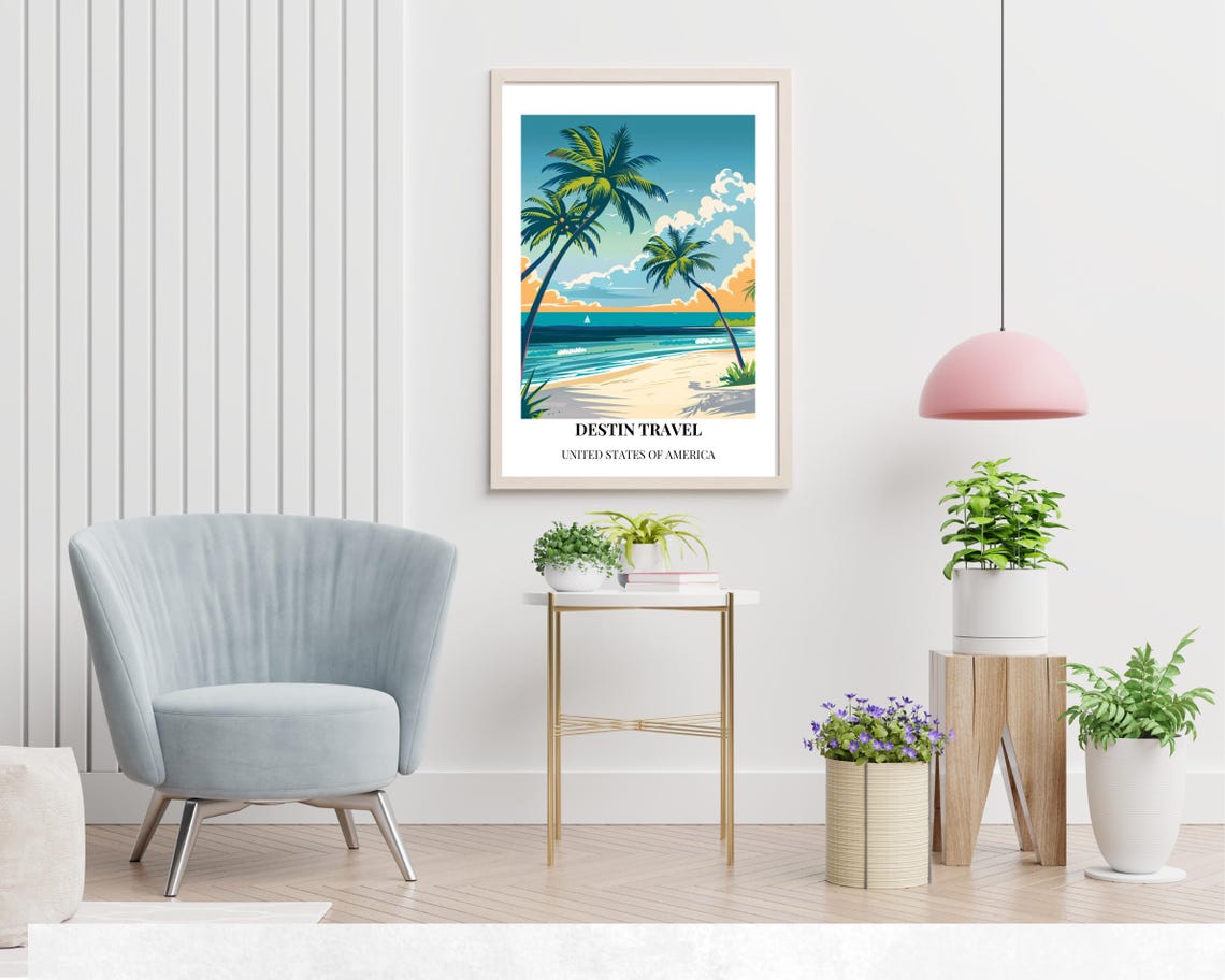 Destin Travel Florida Sunset Palms Beach Bottom Title Poster - Image 2