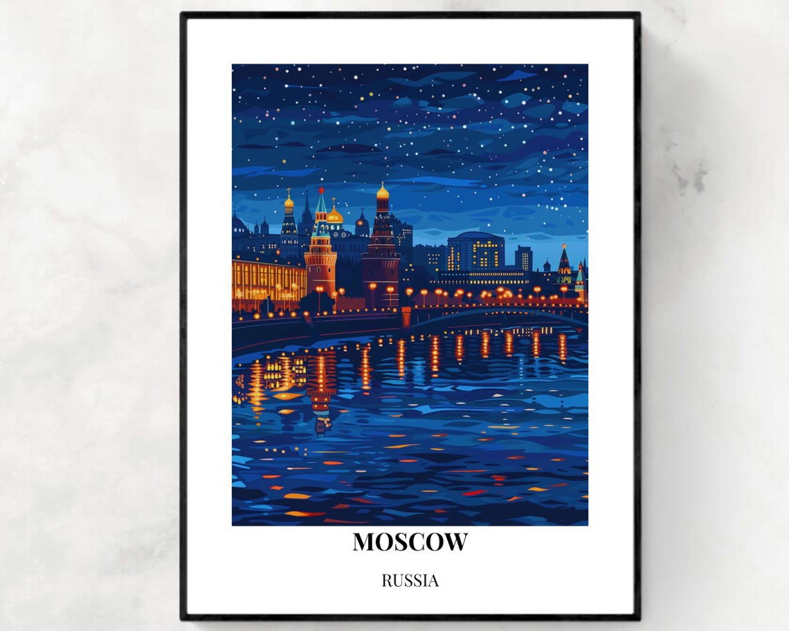 Moscow Russia Kremlin Night Skyline River Lights View Poster