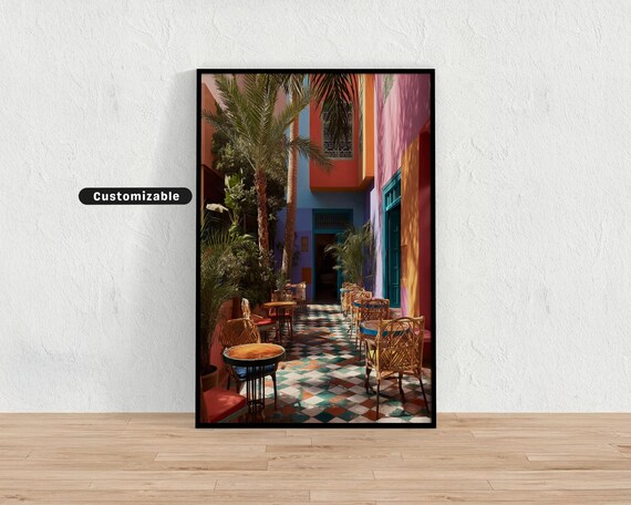 Colorful Moroccan Courtyard Cafe Tiles Palm Trees Travel Wall Art