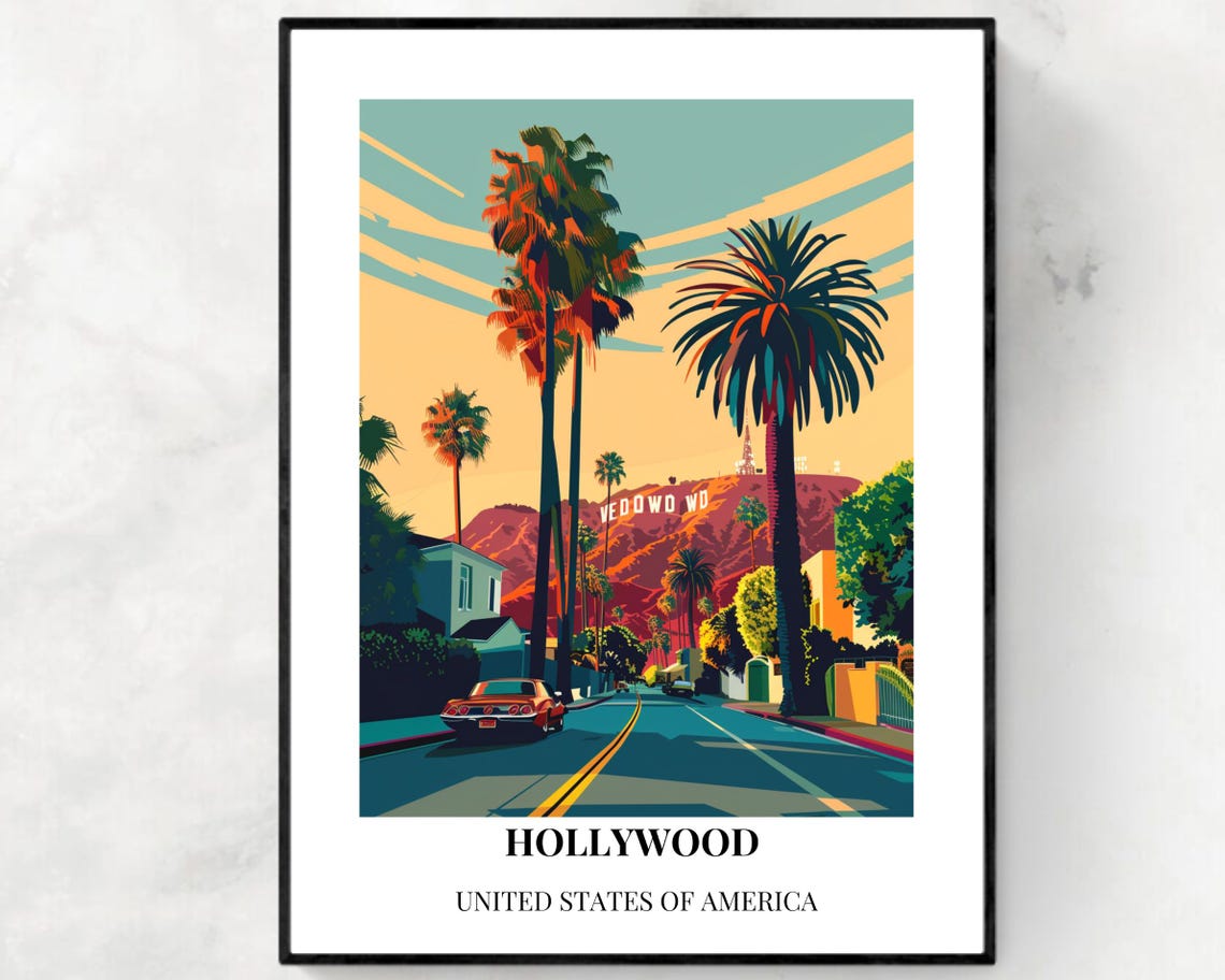 Hollywood Travel Print Wall Art Hollywood California City Print Hollywood Travel Gift Hollywood City Poster Wall Art