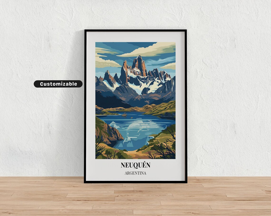 Neuquén Argentina Snowy Andes Mountain Lake Vintage Travel Poster