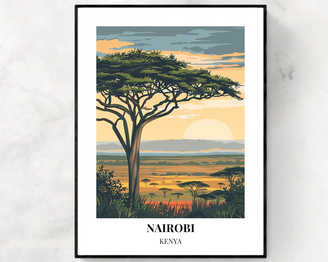 Nairobi Kenya Acacia Tree Savanna Skyline at Sunset Safari Poster