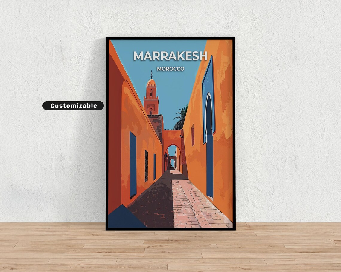 Marrakesh Morocco Old Medina Orange Alley Minaret Travel Poster