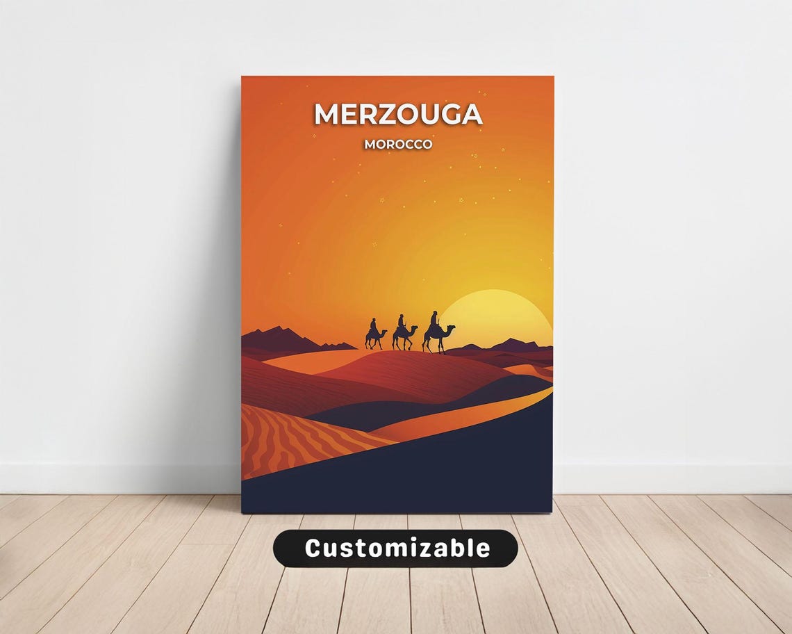Merzouga Morocco Sahara Dunes Sunset Camel Caravan Travel Poster