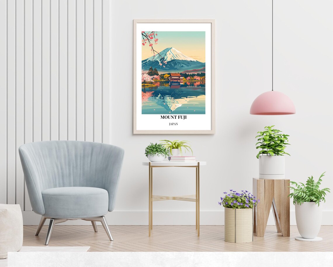 Mount Fuji Japan Lake Reflection Blossom Temple Serene Travel Poster - Image 2