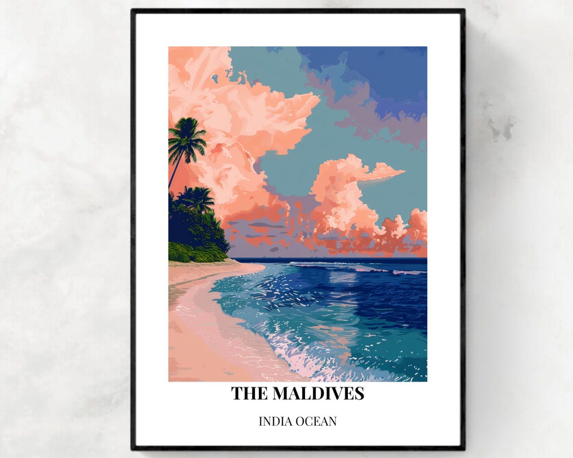 Maldives Shoreline Pink Clouds Coastal Travel Poster Panoramic