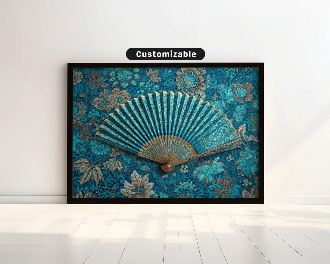 Stylized Fan On Patterned Fabric With Floral Ink Design Japanese Wall Art Print Zen Asian Decor