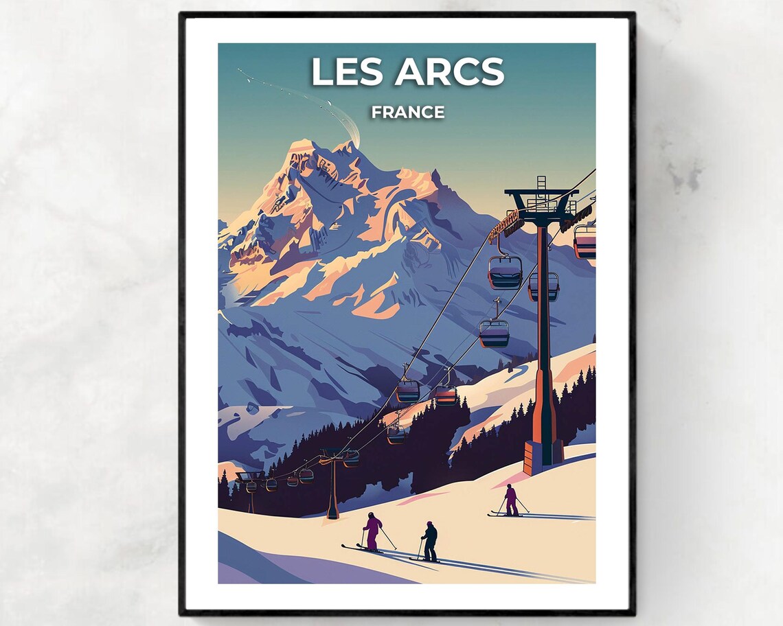 Les Arcs France Sunrise Glow Gondolas Skiers Fresh Slopes Poster