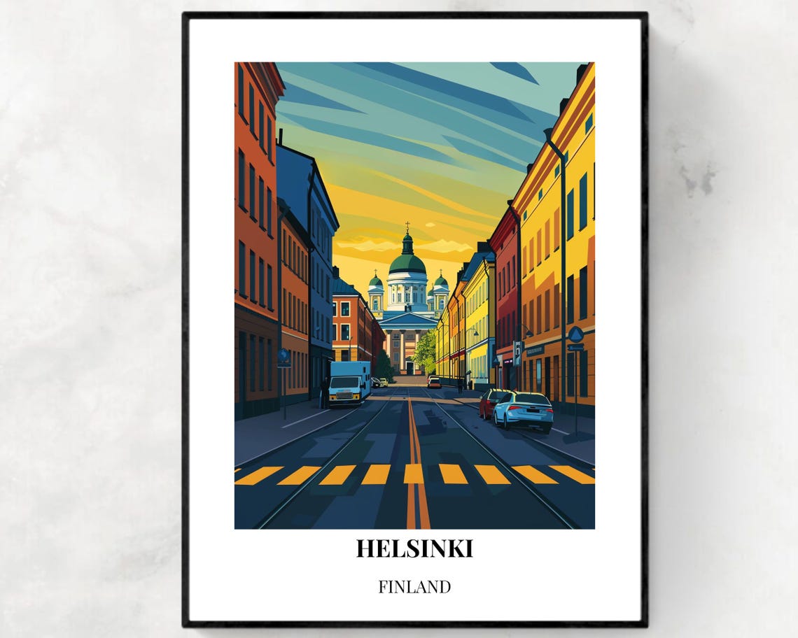 Helsinki Finland Cathedral Street Sunset City Skyline Travel Poster