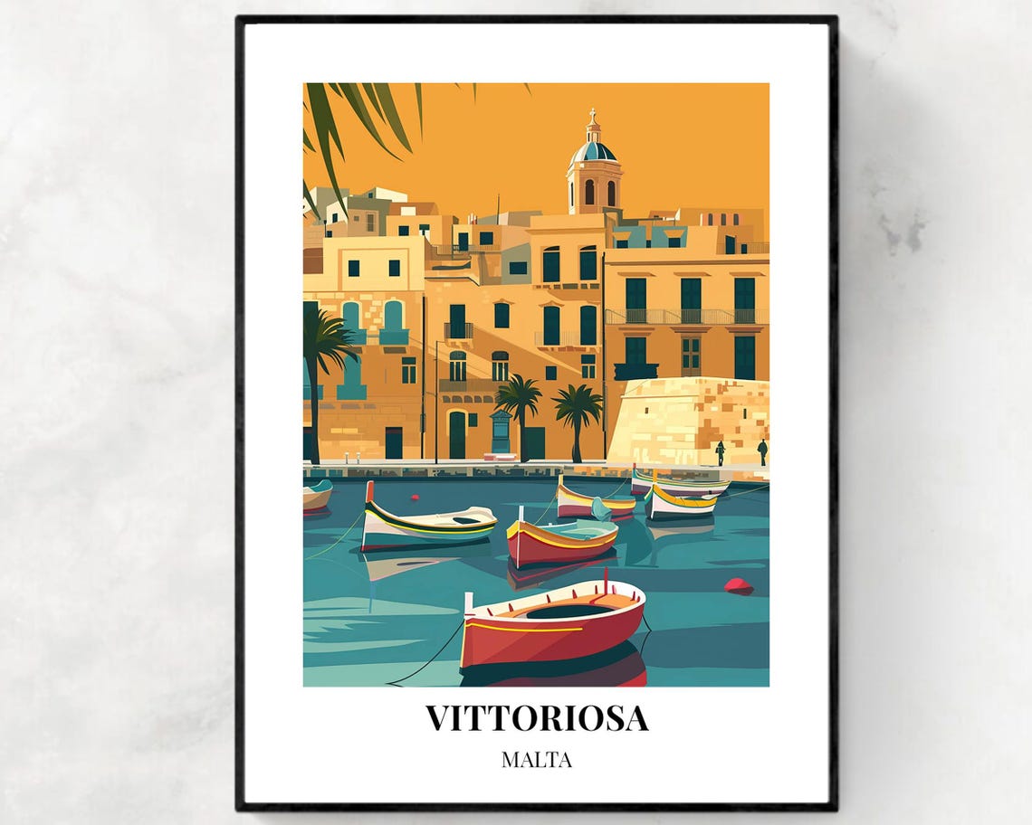 Vittoriosa Marina Malta Colorful Boats Waterfront Travel Poster