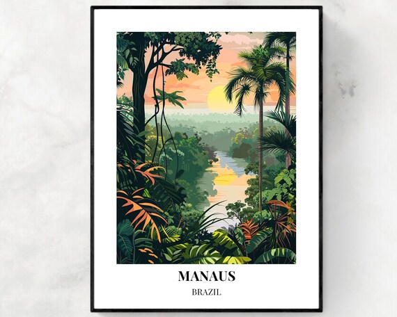 Manaus Brazil Jungle Sunset Winding River Canopy Vista Travel Poster