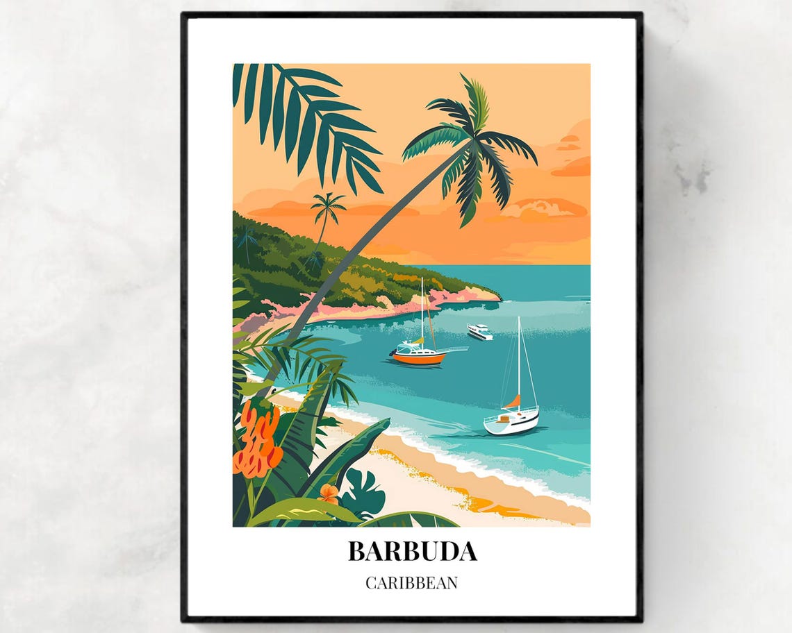 Barbuda Caribbean Orange Sunset Bay Sailboats Palm Shore Poster