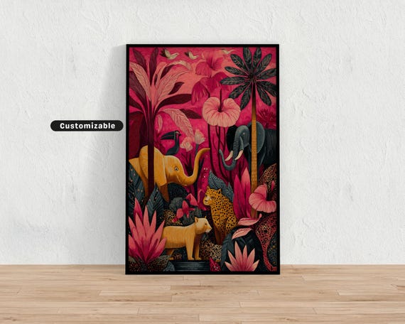 Whimsical Jungle With Stylized Animals Maximalist Wall Art Playful Forest Decor