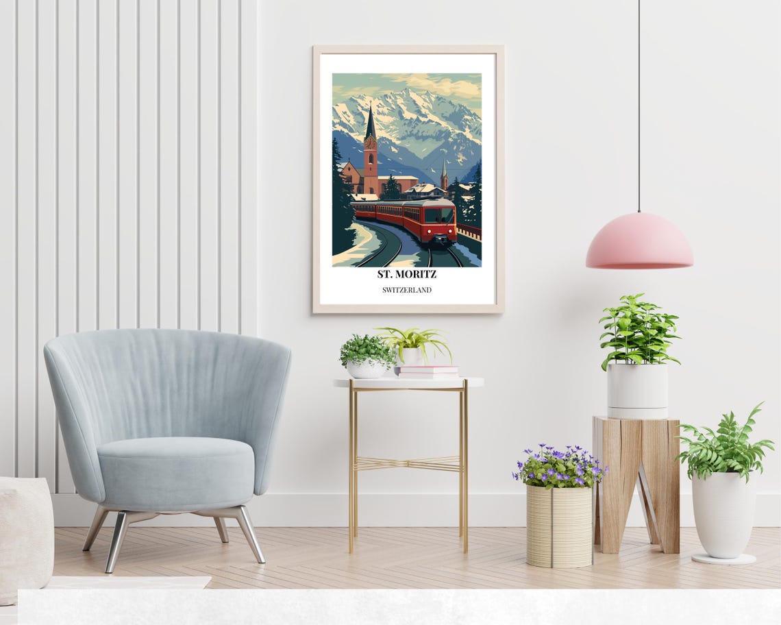 St Moritz Switzerland Red Train Alpine Village Travel Poster - Image 2