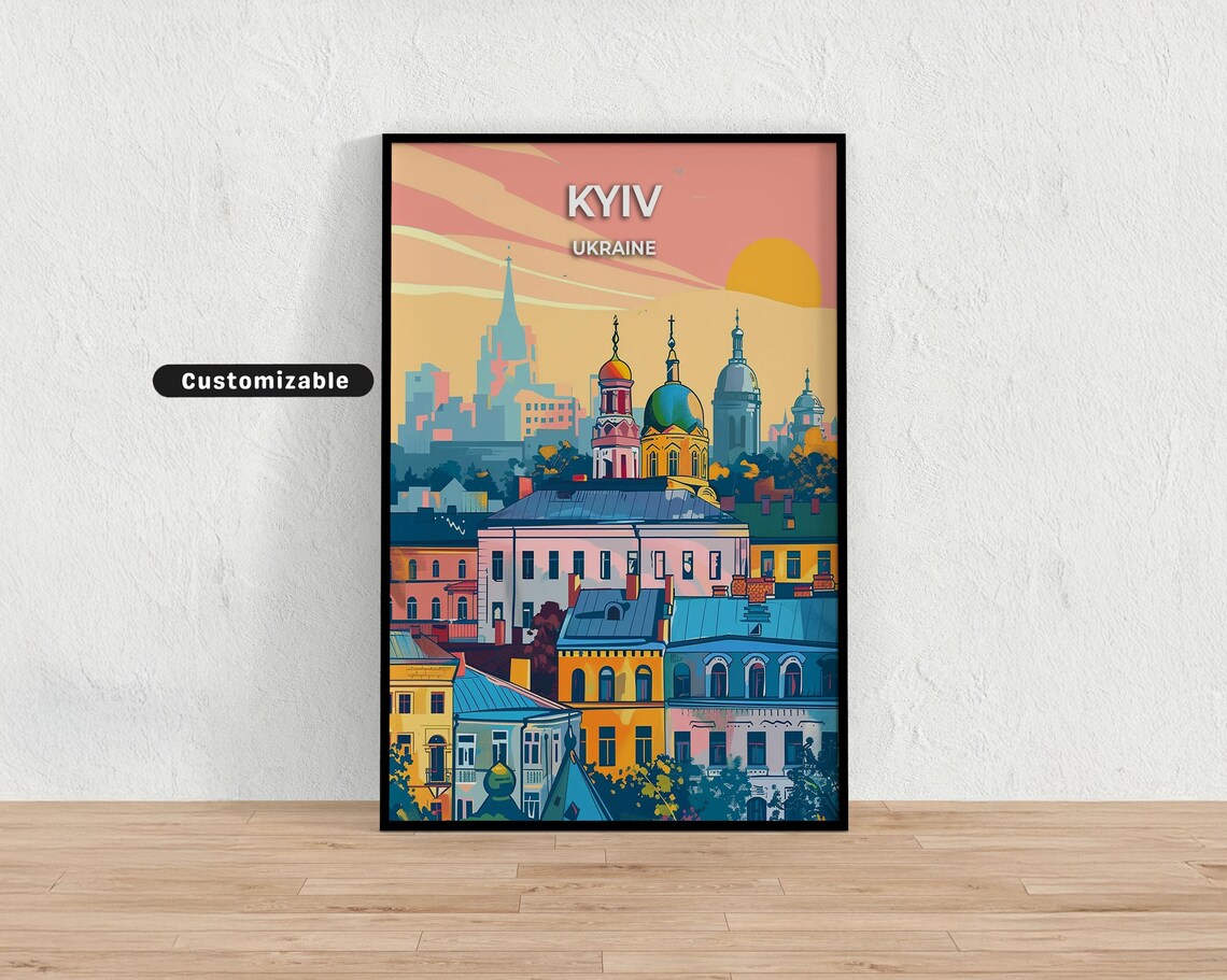 Kyiv Ukraine Golden Domes Sunset City Customizable Travel Poster