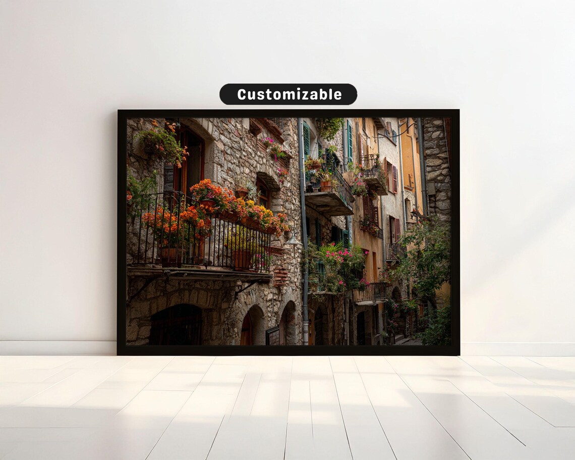 Old European Street Poster Stone Facades Flower Balconies Photo
