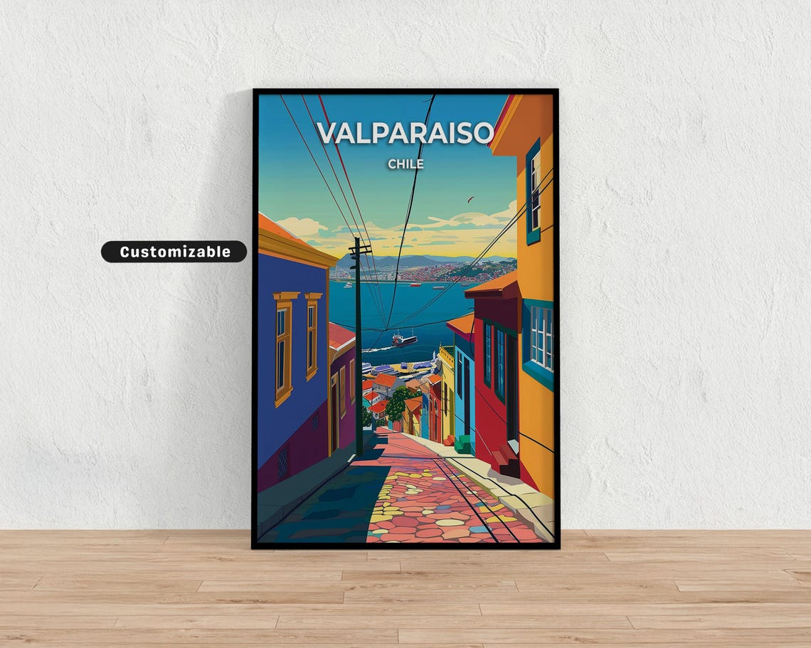 Valparaiso Chile Cable Car Street Harbor View Retro Travel Poster