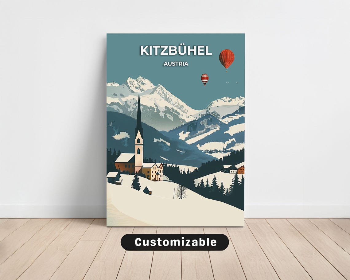 Kitzbühel Austria Snowy Church Hot Air Balloon Winter Art Poster