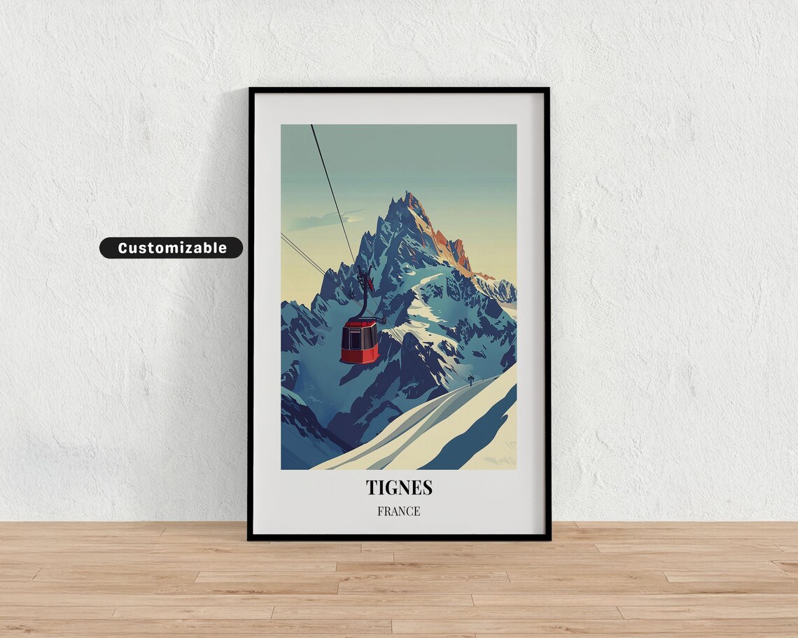 Tignes France Red Gondola Alpine Peaks Retro Ski Travel Poster
