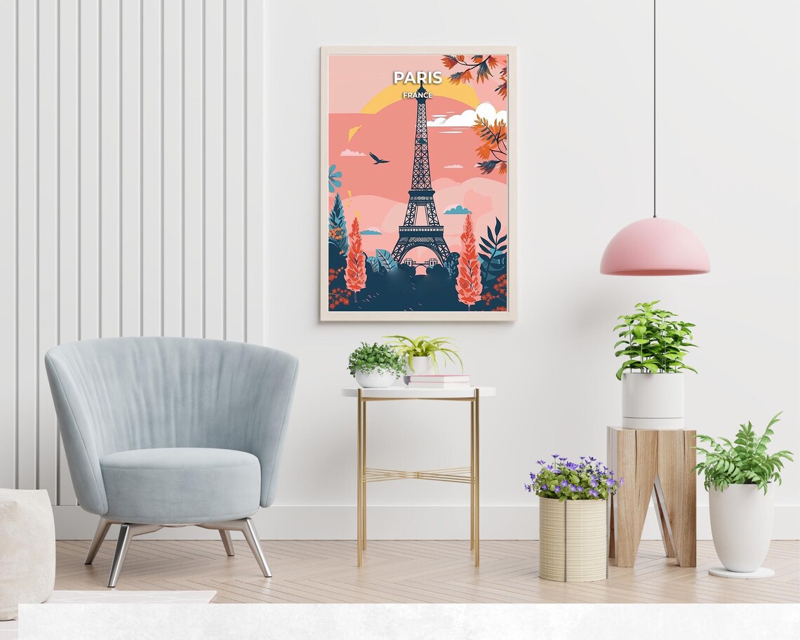 Paris France Eiffel Tower Sunset Blossom Pink Sky Travel Poster - Image 2