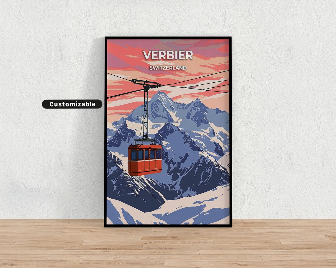 Verbier Switzerland Cable Car Alpine Sunset Ski Travel Poster