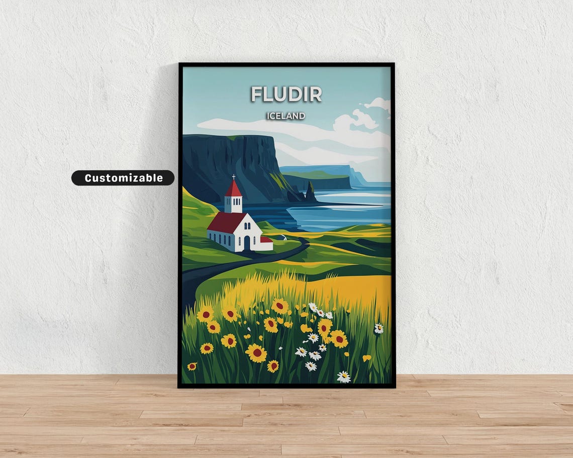 Fludir Iceland White Church Coastal Cliffs Wildflower Poster