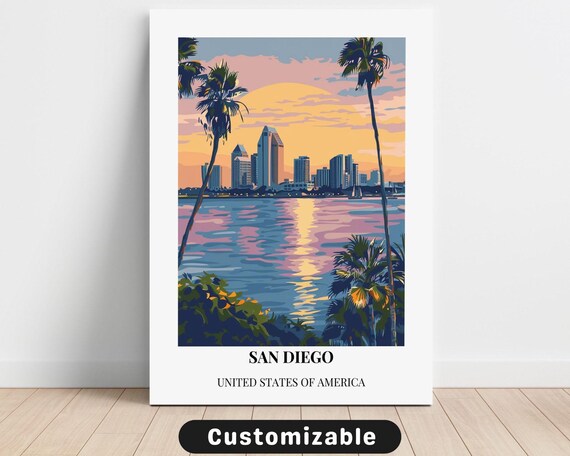 San Diego USA Travel Poster Sunset Bay Skyline Vintage Palm Tree
