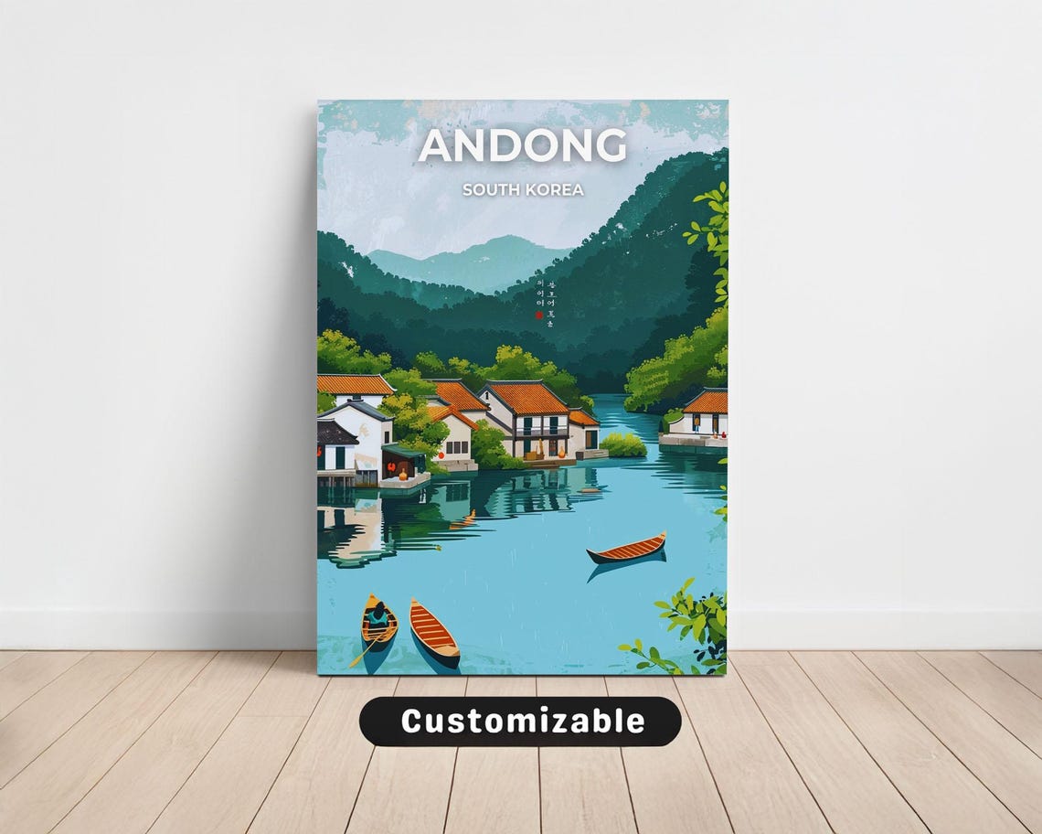 Andong South Korea Riverside Village Boats Travel Illustration Poster