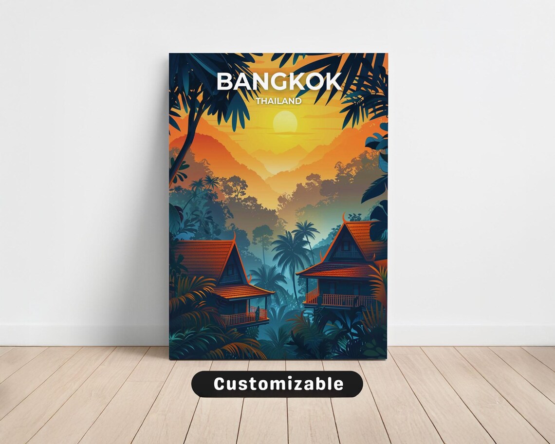 Bangkok Thailand Sunset Thai Houses Jungle Vintage Travel Poster