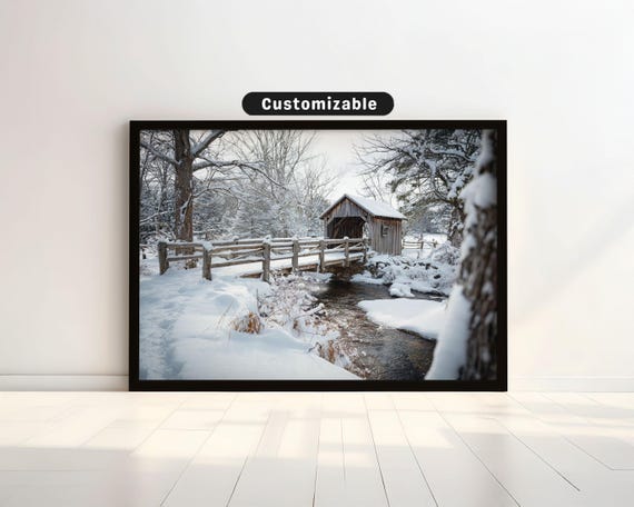 Snowcovered Wooden Bridge Over Frozen Creek Travel Wall Art Print Scenic Landscape Decor