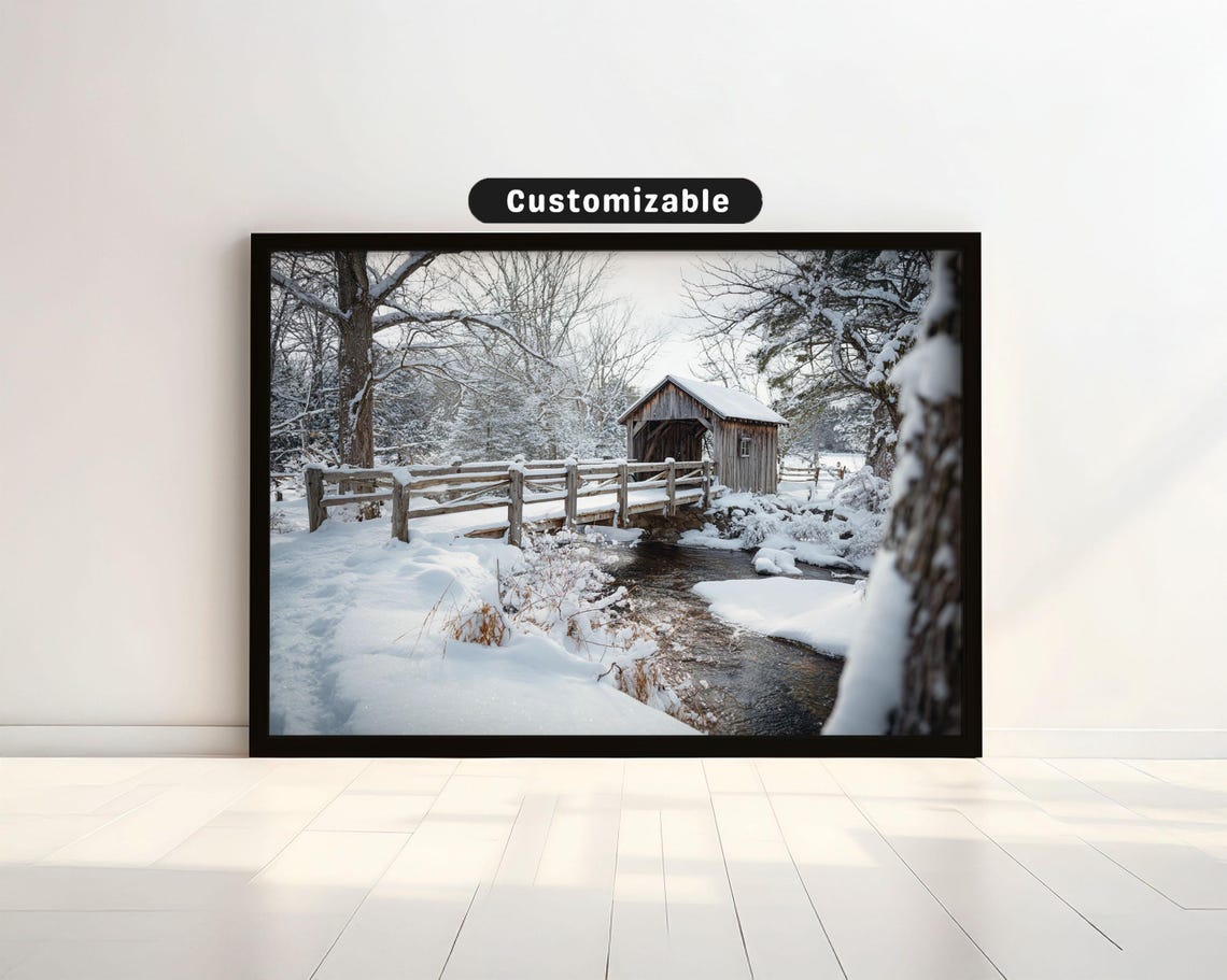 Snow Covered Wooden Bridge Over Frozen Creek Winter Wall Art