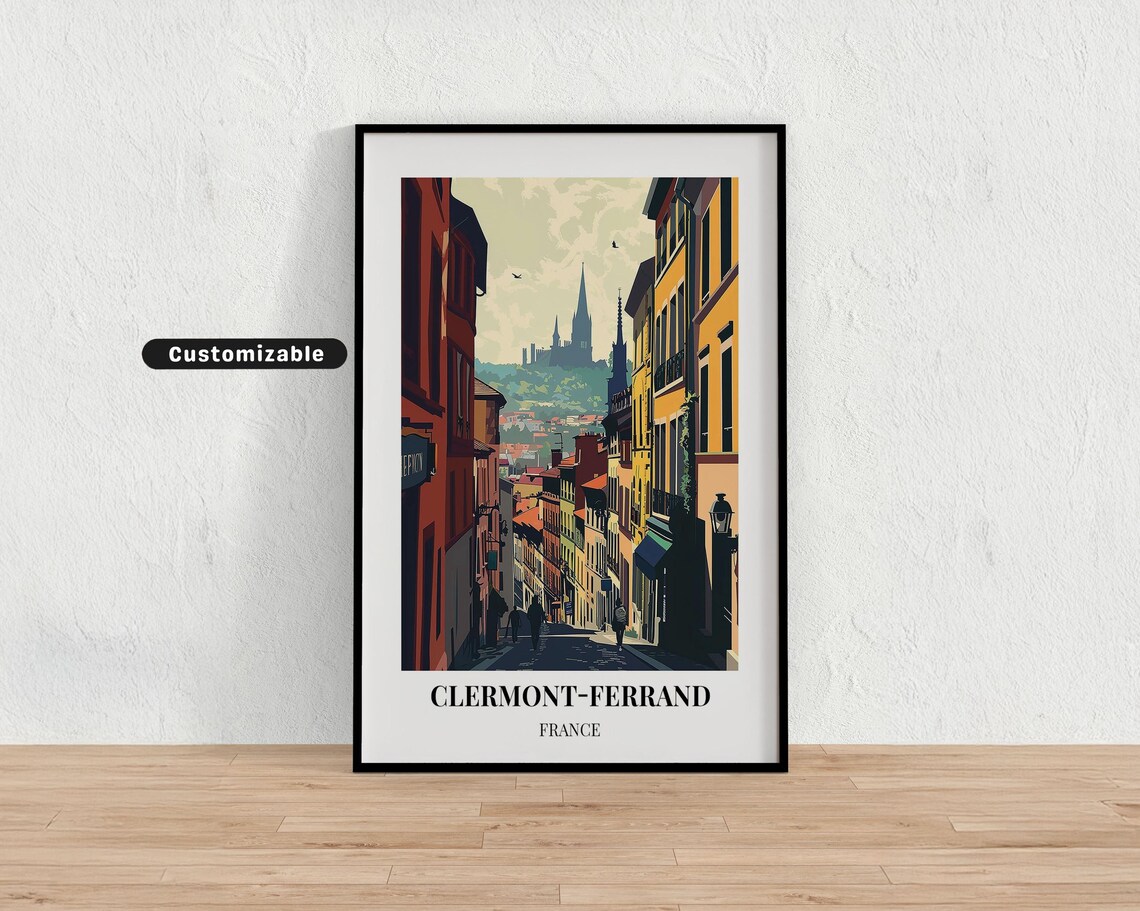 Clermont Ferrand France Steep Old Street Cathedral Spires View Poster