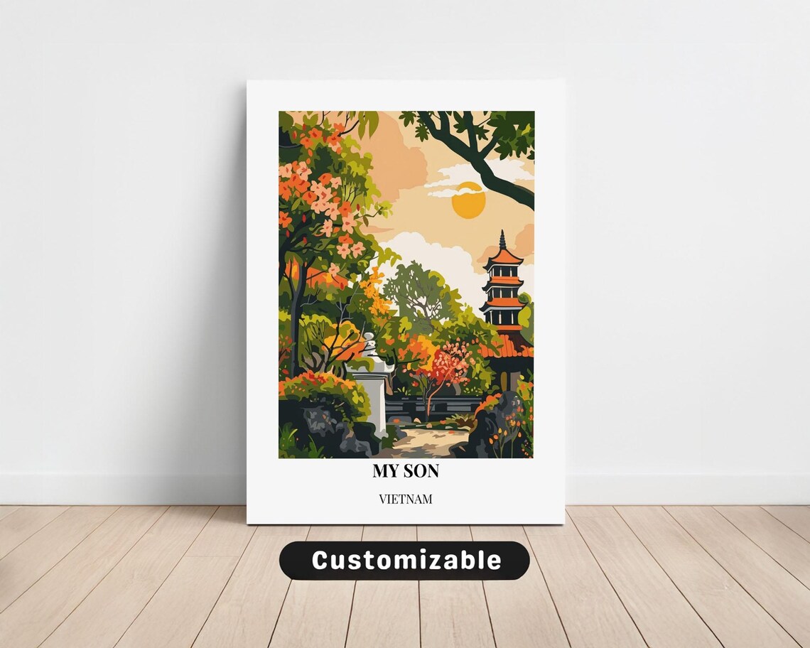 My Son Vietnam Pagoda Garden Tropical White Border Travel Poster