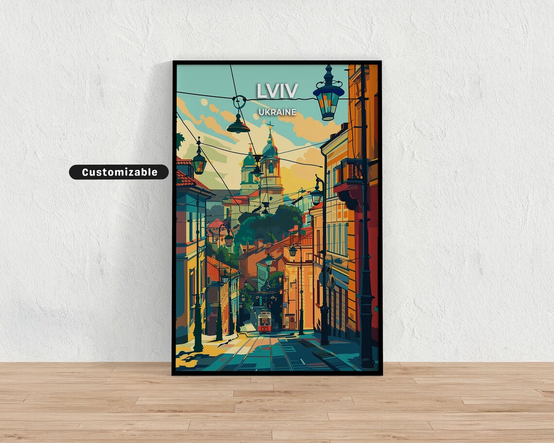 Lviv Ukraine Old Town Tram Street Sunset Vintage Travel Poster